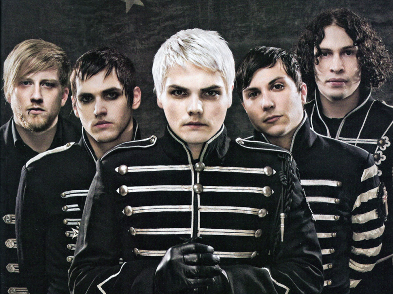 My Chemical Romance (2006) Image for their 2006 album The Black Parade. (Gerard Way, center, Mikey Way, left, Bob Bryar, far left, Frank Iero, right, Ray Toro, far right